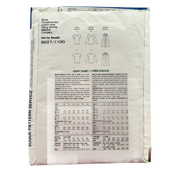 Vogue Sewing Pattern 8027/1100 Viking Pattern Easy Pattern Size 8-18 UNCUT - Picture 2 of 2